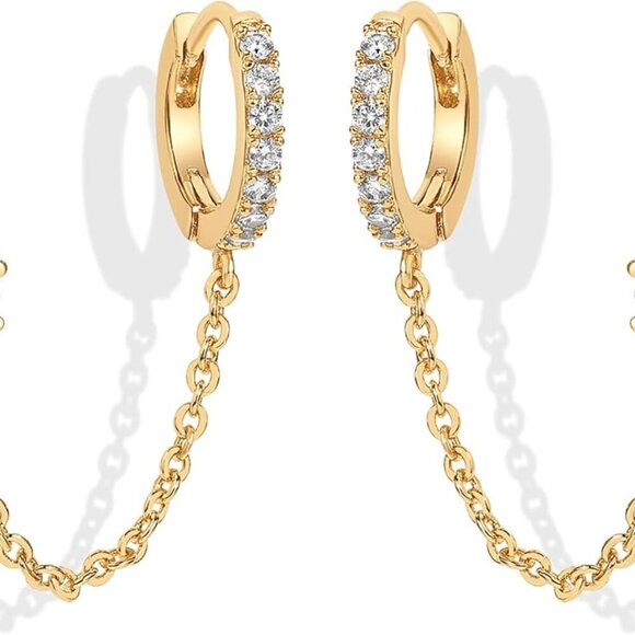14K Gold Chain Earrings for Women | Double Piercing Dangle Chain Huggie Hoop Ear - Picture 1 of 5